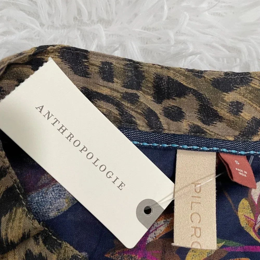 Women Anthropologie Pilcro Ladder Lace Floral Tunic Blouse in Navy Blue Small - Picture 7 of 14